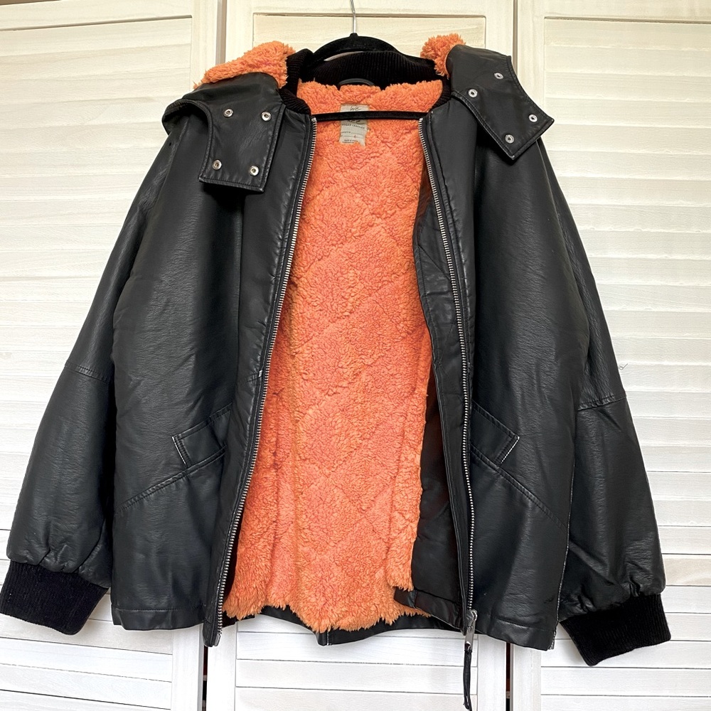 We The Free Vegan Black Leather with Orange Fleece Lining Moto Jacket